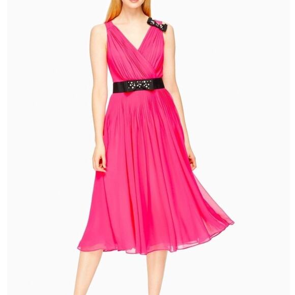 KATE SPADE Embellished Bow Chiffon Midi Dress Hot Pink Sz 6 {3U29} - Picture 1 of 6